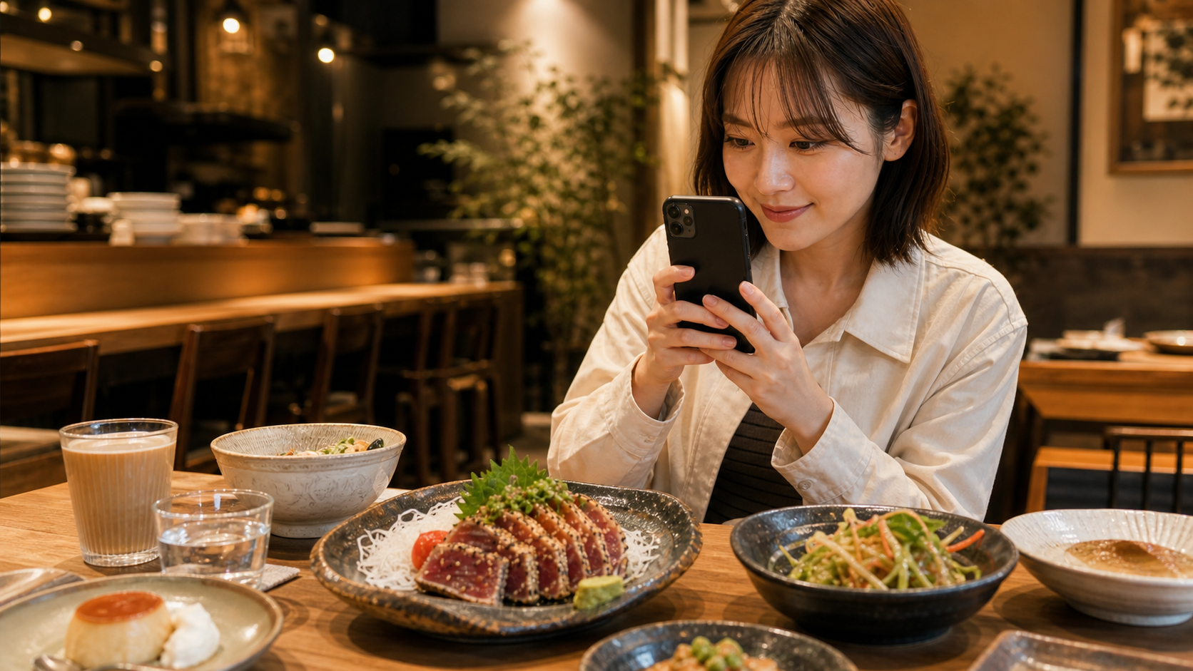 飲食店で料理をスマートフォン撮影するグルメ投稿者