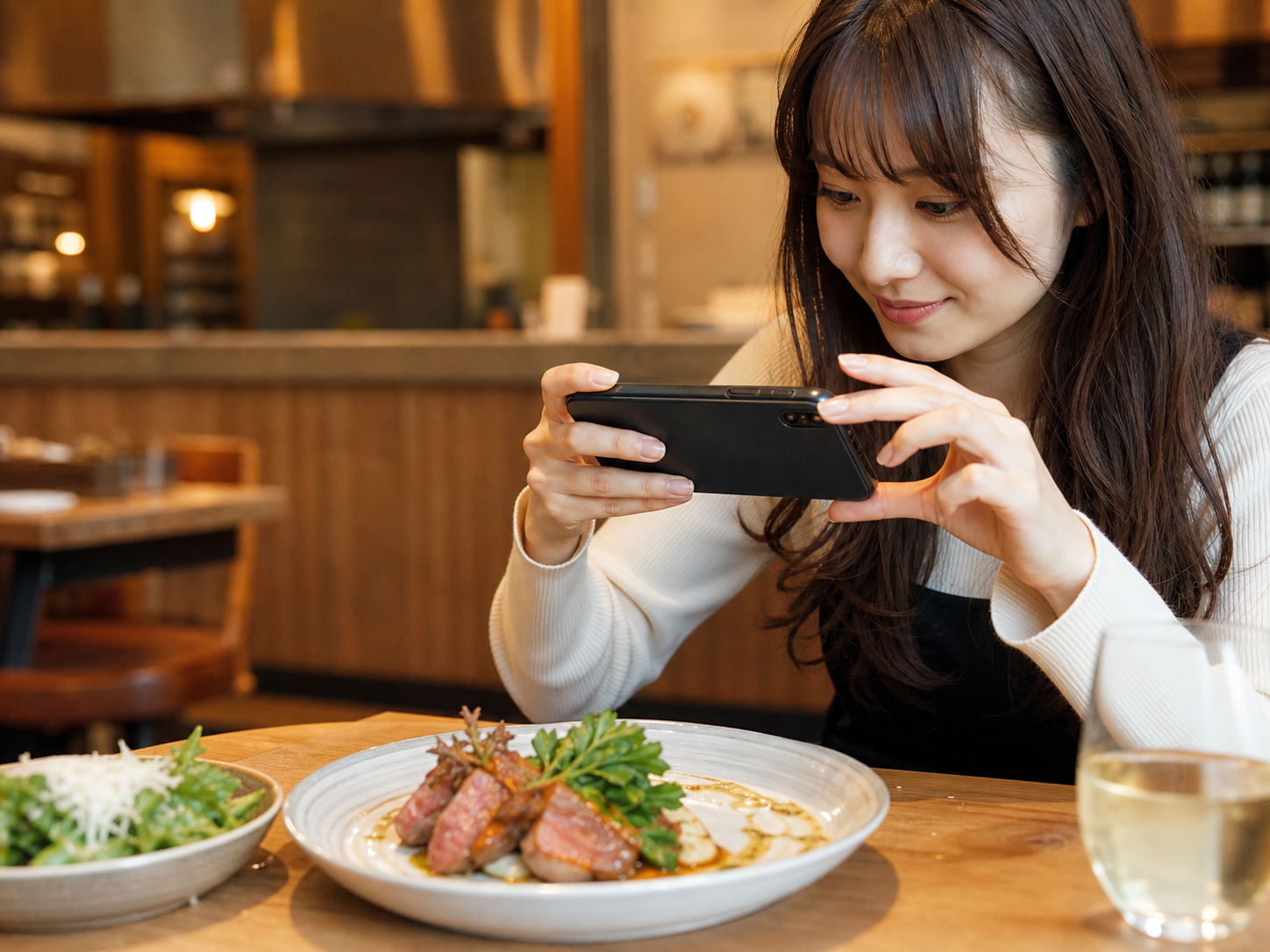 料理をスマートフォンで撮影するグルメ投稿者