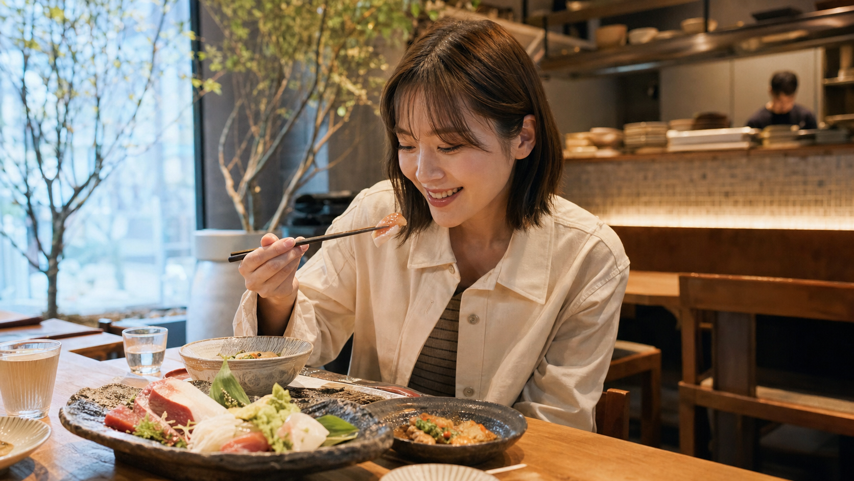 飲食店で料理を体験している投稿者