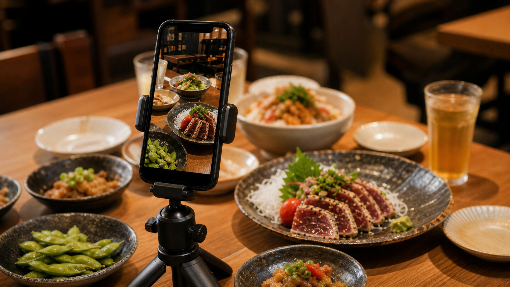 料理を撮影するスマートフォン