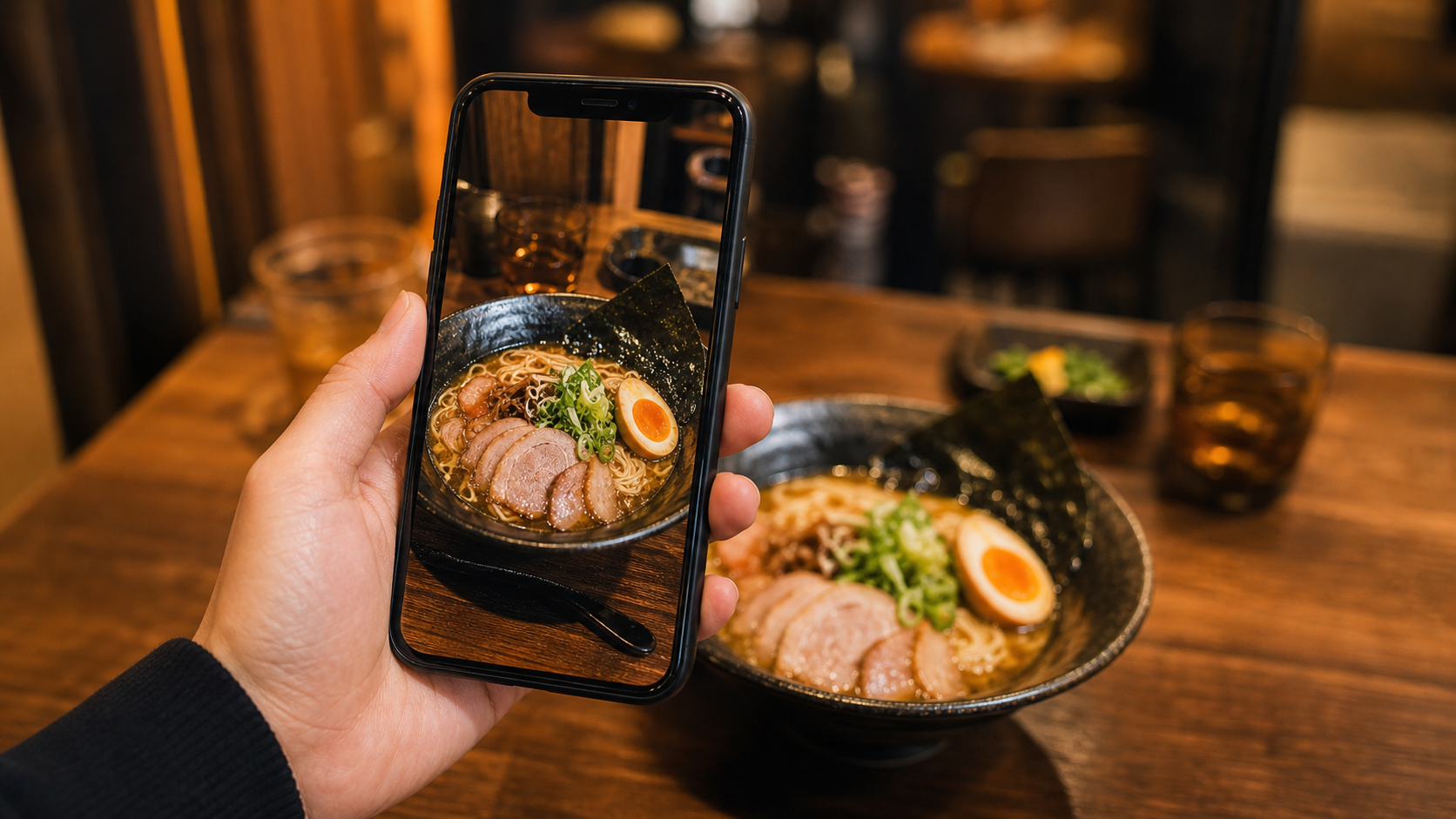 スマートフォンで料理を撮影する様子